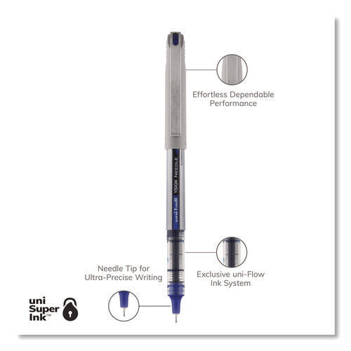 Image of uniball® VISION Needle Rollerball Pen, Stick, Fine 0.7 mm, Blue Ink, Gray/Clear/Blue Barrel, Dozen