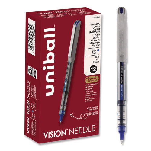 Image of uniball® VISION Needle Rollerball Pen, Stick, Fine 0.7 mm, Blue Ink, Gray/Clear/Blue Barrel, Dozen