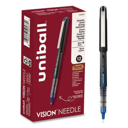 Image of uniball® VISION Rollerball Pen, Stick, Extra-Fine 0.5 mm, Blue Ink, Black/Blue/Clear Barrel, 12/Pack