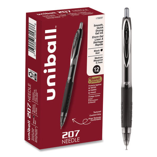 Image of uniball® Signo 207 Needle Point Gel Pen, Retractable, Medium 0.7 mm, Black Ink, Clear/Black Barrel, Dozen