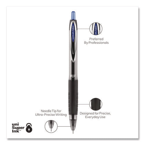 Image of uniball® Signo 207 Needle Point Gel Pen, Retractable, Medium 0.7 mm, Blue Ink, Clear/Black/Blue Barrel, Dozen