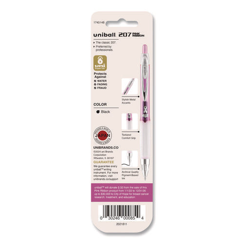 Image of uniball® Signo 207 Breast Cancer Awareness Gel Pen, Retractable, Medium 0.7 mm, Black Ink, Translucent Pink/White Barrel, 2/Pack