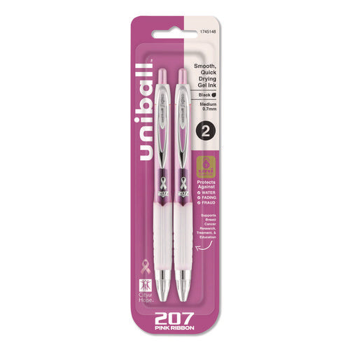 Image of uniball® Signo 207 Breast Cancer Awareness Gel Pen, Retractable, Medium 0.7 mm, Black Ink, Translucent Pink/White Barrel, 2/Pack