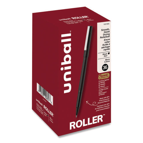 Image of uniball® Rollerball Pen, Stick, Extra-Fine 0.5 mm, Black Ink, Black Barrel, 36/Pack