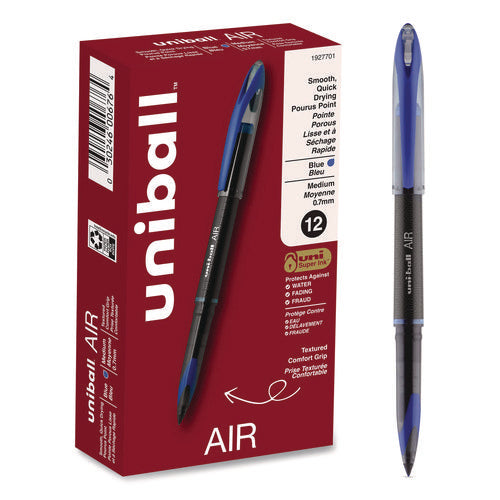 Image of uniball® AIR Porous Rollerball Pen, Stick, Medium 0.7 mm, Blue Ink, Black/Blue Barrel, Dozen