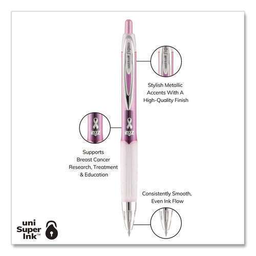 Image of uniball® 207 Breast Cancer Awareness Gel Pen Office Pack, Retractable, Medium 0.7mm, Black Ink, Translucent Pink/White Barrel, 36/Pack