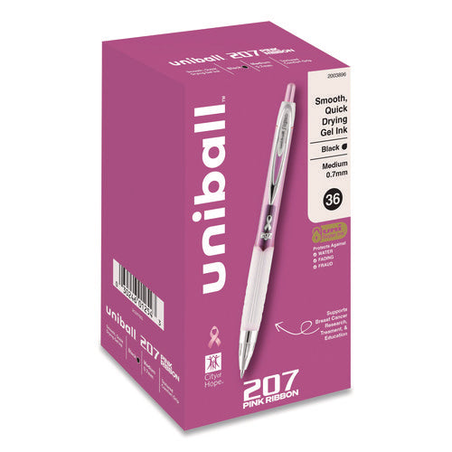 Image of uniball® 207 Breast Cancer Awareness Gel Pen Office Pack, Retractable, Medium 0.7mm, Black Ink, Translucent Pink/White Barrel, 36/Pack