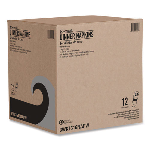Image of Boardwalk® Dinner Napkins, 1-Ply, 16" x 16", White, 250/Pack, 12 Packs/Carton