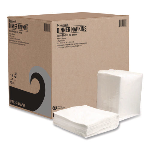 Image of Boardwalk® Dinner Napkins, 1-Ply, 16" x 16", White, 250/Pack, 12 Packs/Carton