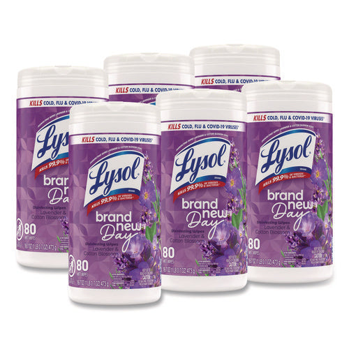 Image of LYSOL® Brand Disinfecting Wipes, 1-Ply, 7 x 7.25, Lavender and Cotton Blossom, White, 80 Wipes/Canister, 6 Canisters/Carton