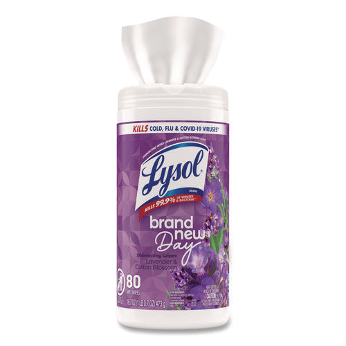 Image of LYSOL® Brand Disinfecting Wipes, 1-Ply, 7 x 7.25, Lavender and Cotton Blossom, White, 80 Wipes/Canister, 6 Canisters/Carton