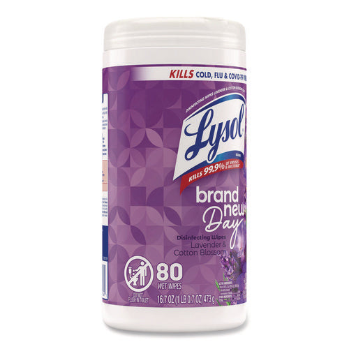 Image of LYSOL® Brand Disinfecting Wipes, 1-Ply, 7 x 7.25, Lavender and Cotton Blossom, White, 80 Wipes/Canister, 6 Canisters/Carton