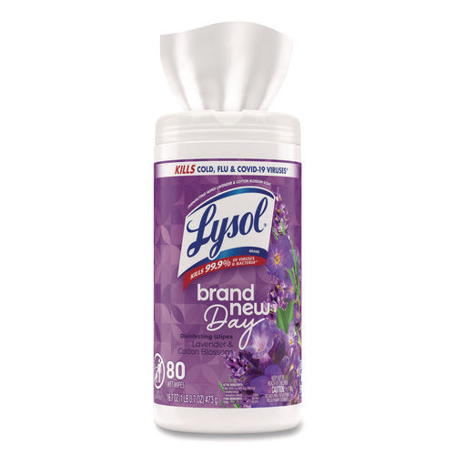 Image of LYSOL® Brand Disinfecting Wipes, 1-Ply, 7 x 7.25, Lavender and Cotton Blossom, White, 80 Wipes/Canister