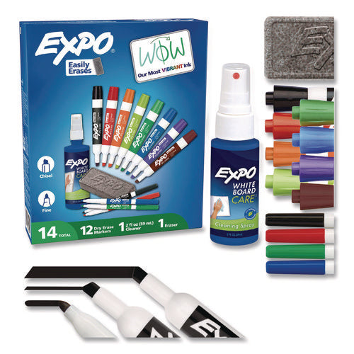 Image of EXPO® Low-Odor Dry Erase Marker, Eraser And Cleaner Kit, Medium Assorted Tips, Assorted Colors, 12/set