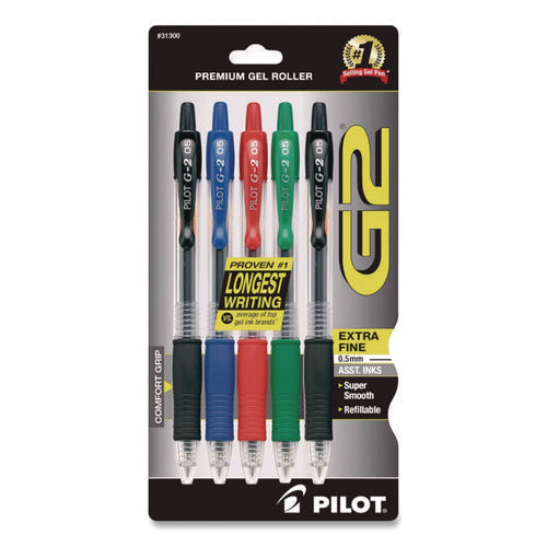 Image of Pilot® G2 Premium Gel Pen, Retractable, Extra-Fine 0.5 mm, Assorted Ink and Barrel Colors, 5/Pack