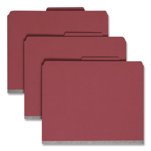 Image of Smead Six-Section Pressboard Top Tab Classification Folders, Six SafeSHIELD Fasteners, 2 Dividers, Letter Size, Bright Red, 10/Box