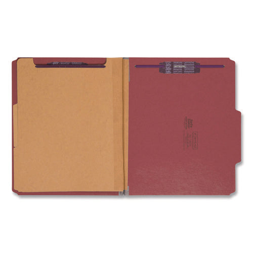 Image of Smead Six-Section Pressboard Top Tab Classification Folders, Six SafeSHIELD Fasteners, 2 Dividers, Letter Size, Bright Red, 10/Box