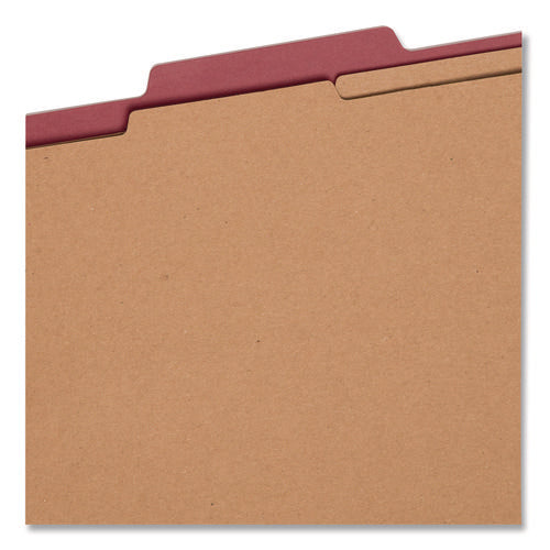 Image of Smead Six-Section Pressboard Top Tab Classification Folders, Six SafeSHIELD Fasteners, 2 Dividers, Letter Size, Bright Red, 10/Box