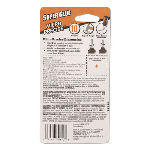 Image of Gorilla® Super Glue Micro Precise, 0.19 Oz, Dries Clear, 4/carton