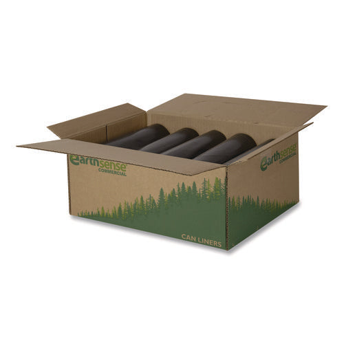 Image of Earthsense® Commercial Linear Low Density Recycled Can Liners, 60 gal, 1.65 mil, 38" x 58", Black, 10 Bags/Roll, 10 Rolls/Carton