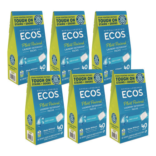 Image of ECOS® Laundry Detergent Packs, Free and Clear, 40 Pods/Pack, 6 Packs/Carton