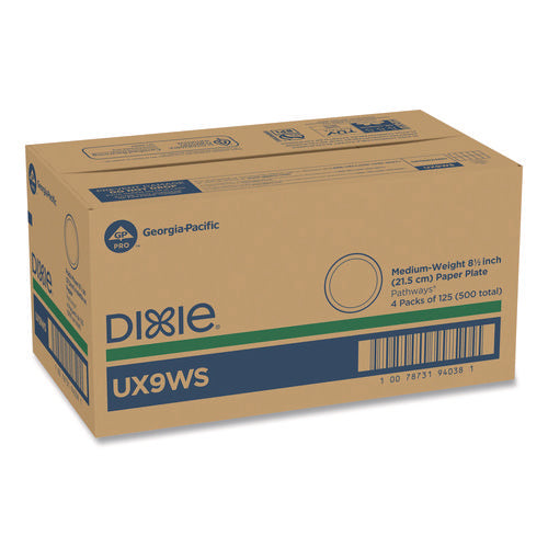 Image of Dixie® Pathways Soak-Proof Shield Mediumweight Paper Plates, Wisesize, 8.5" Dia, Green/burgundy, 125/pack, 4 Packs/carton