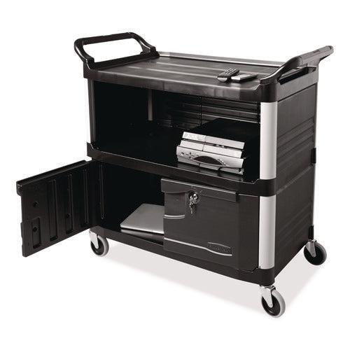 Image of Rubbermaid® Commercial Xtra Equipment Cart, Plastic, 3 Shelves, 300 lb Capacity, 20.75" x 40.63" x 37.8", Black