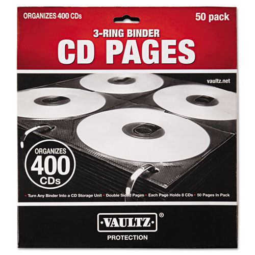 Image of Vaultz® Two-Sided CD Refill Pages for Three-Ring Binder, 8 Disc Capacity, Clear/Black, 50/Pack
