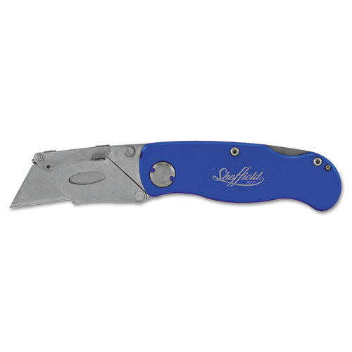 Image of Great Neck® Sheffield Folding Lockback Knife, 1 Utility Blade, 2" Blade, 3.5" Aluminum Handle, Blue