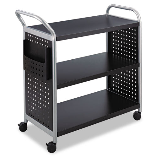 Image of Safco® Scoot Three Shelf Utility Cart, Metal, 3 Shelves, 1 Bin, 300 lb Capacity, 31" x 18" x 38", Black/Silver
