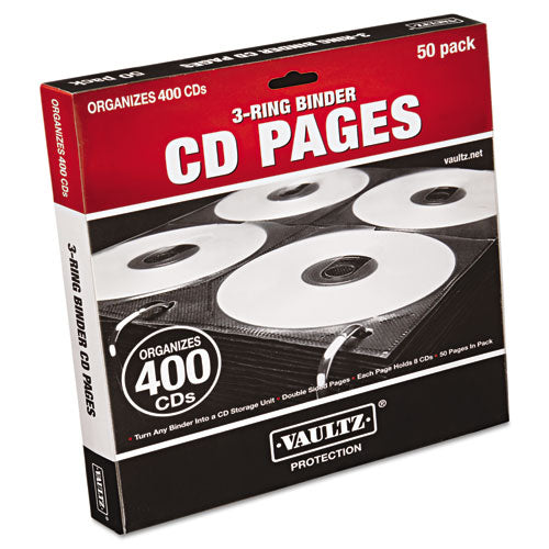 Image of Vaultz® Two-Sided CD Refill Pages for Three-Ring Binder, 8 Disc Capacity, Clear/Black, 50/Pack
