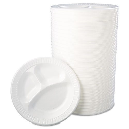 Image of Dart® Quiet Class Laminated Foam Dinnerware, 3-Compartment Plate, 10.25" dia, White, 125/Pack, 4 Packs/Carton