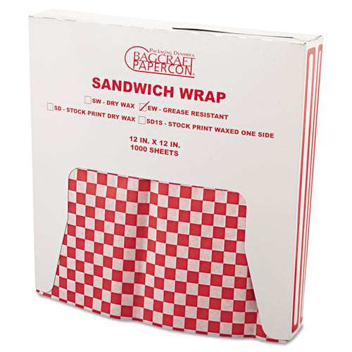 Image of Bagcraft Grease-Resistant Paper Wraps And Liners, 12 X 12, Red Check, 1,000/box, 5 Boxes/carton