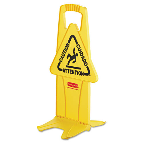 Image of Rubbermaid® Commercial STABLE MULTI-LINGUAL SAFETY SIGN, 13 X 13.25 X 26, YELLOW