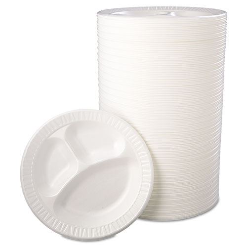 Image of Dart® Quiet Class Laminated Foam Dinnerware, 3-Compartment Plate, 10.25" dia, White, 125/Pack, 4 Packs/Carton