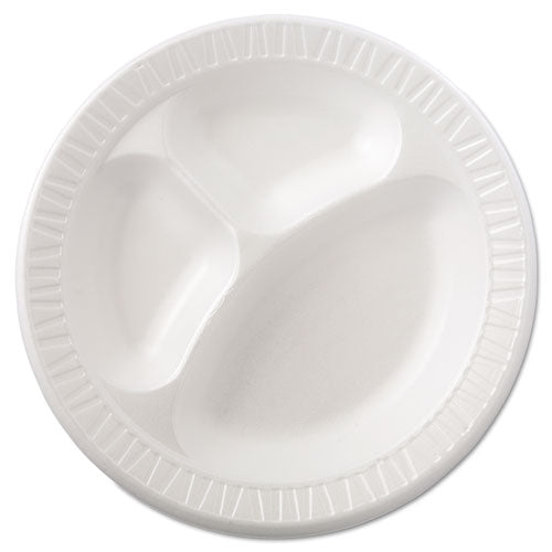 Image of Dart® Quiet Class Laminated Foam Dinnerware, 3-Compartment Plate, 10.25" dia, White, 125/Pack, 4 Packs/Carton