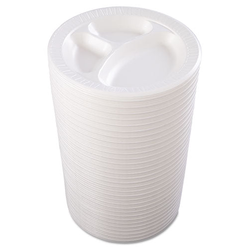 Image of Dart® Quiet Class Laminated Foam Dinnerware, 3-Compartment Plate, 10.25" dia, White, 125/Pack, 4 Packs/Carton