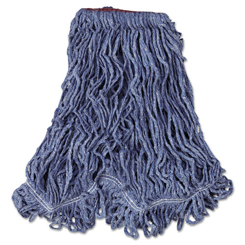 Image of Rubbermaid® Commercial Super Stitch Blend Mop Head, Cotton/Synthetic, Large, 1" Red Headband, Blue, 6/Carton