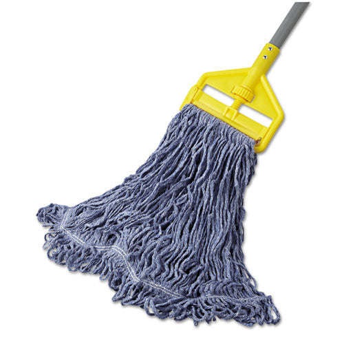 Image of Rubbermaid® Commercial Super Stitch Blend Mop Head, Cotton/Synthetic, Large, 1" Red Headband, Blue, 6/Carton