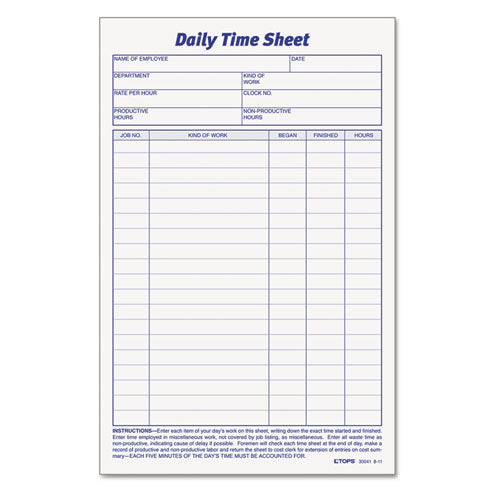 Image of TOPS Daily Time and Job Sheets, One-Part (No Copies), 8.5 x 5.5, 200 Forms/Pad, 2 Pads/Pack