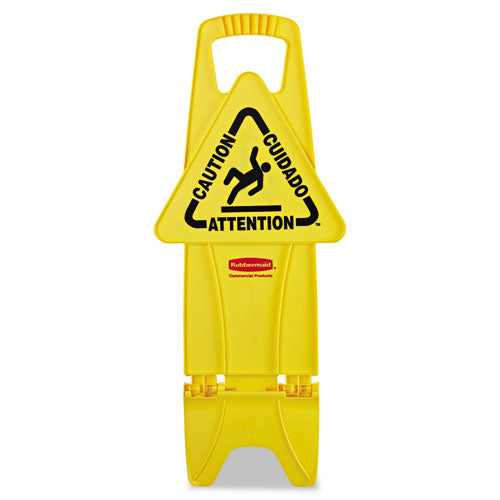 Image of Rubbermaid® Commercial STABLE MULTI-LINGUAL SAFETY SIGN, 13 X 13.25 X 26, YELLOW