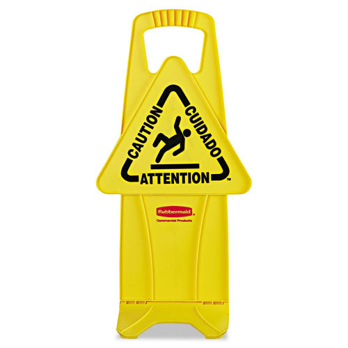 Image of Rubbermaid® Commercial STABLE MULTI-LINGUAL SAFETY SIGN, 13 X 13.25 X 26, YELLOW