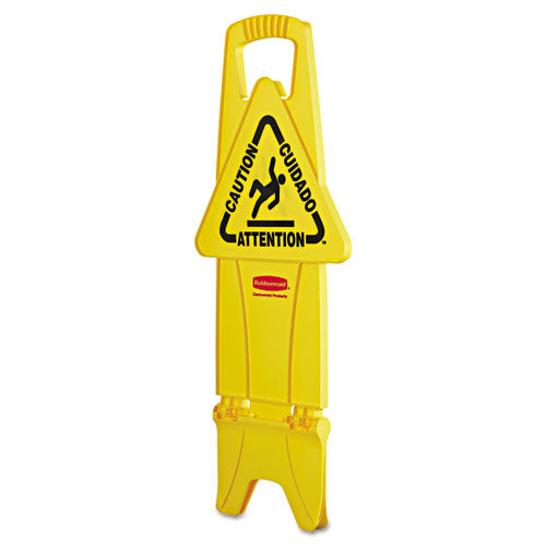 Image of Rubbermaid® Commercial STABLE MULTI-LINGUAL SAFETY SIGN, 13 X 13.25 X 26, YELLOW