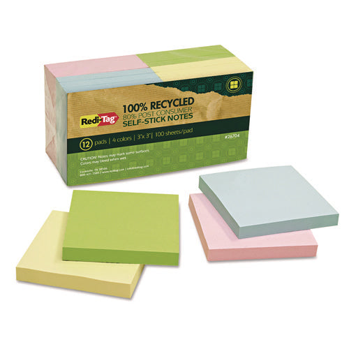 Image of Redi-Tag® 100% Recycled Self-Stick Notes, 3" x 3", Assorted Pastel Colors, 100 Sheets/Pad, 12 Pads/Pack