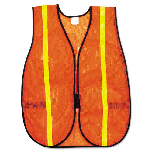 Image of MCR Safety Polyester Mesh Safety Vest, One Size Fits All, Orange With 0.75" Lime Green Stripe