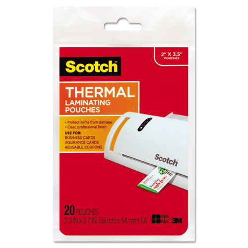 Image of Scotch Laminating Pouches, 5 Mil, 3.75" X 2.38", Gloss Clear, 20/pack