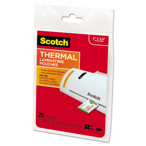 Image of Scotch Laminating Pouches, 5 Mil, 3.75" X 2.38", Gloss Clear, 20/pack