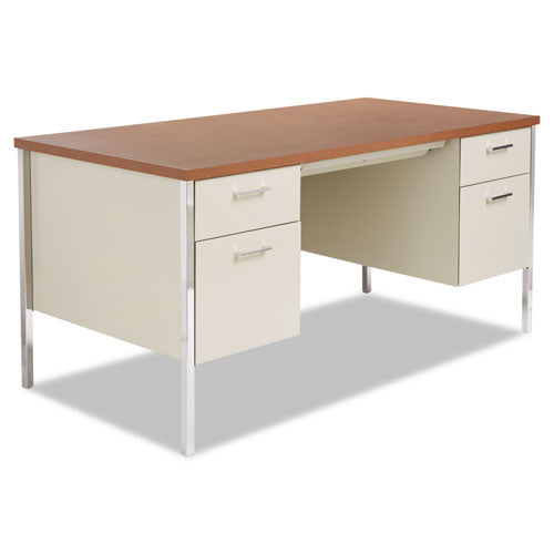 Image of Alera® Double Pedestal Steel Desk, 60" x 30" x 29.5", Cherry/Putty, Chrome-Plated Legs