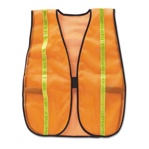 Image of MCR Safety Polyester Mesh Safety Vest, One Size Fits All, Orange With 0.75" Lime Green Stripe