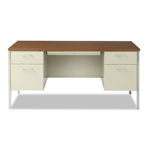 Image of Alera® Double Pedestal Steel Desk, 60" x 30" x 29.5", Cherry/Putty, Chrome-Plated Legs